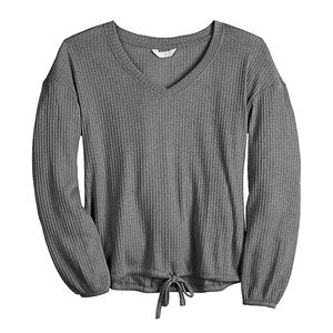 LC Lauren Conrad Drawstring Hem Long Sleeve Blouse Bow Grey Heather Medium